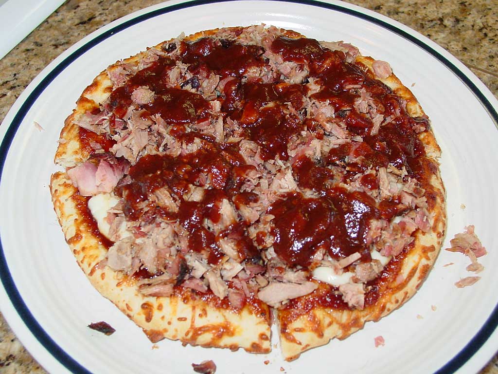 Finished barbecue pizza featuring leftover pork butt