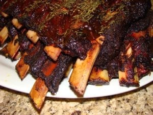 Close-up of ribs, brushed with sauce