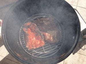 Already smoked brisket points go back into the WSM for 4-6 hours