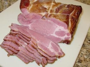 Cured and smoked buckboard bacon