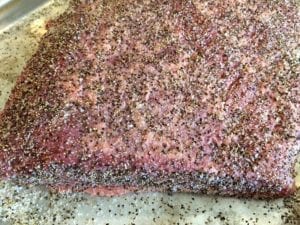 Close-up of rubbed brisket flat...too much rub applied