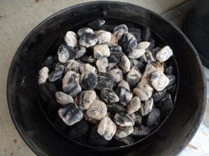 40 hot coals over unlit charcoal and wood chunks