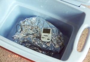 Briskets kept hot in an empty cooler until serving
