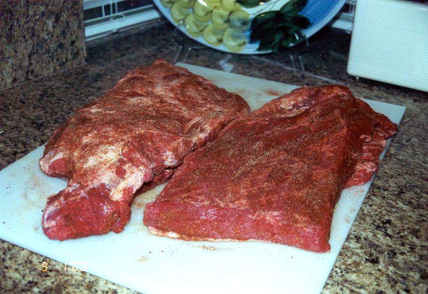 Two trimmed, rubbed whole briskets