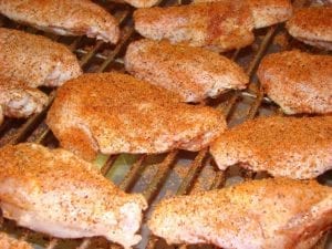 Close-up view of rubbed chicken wings