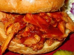 Close-up view of pulled chicken texture