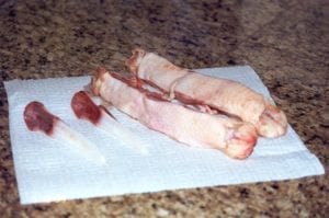Backbones & breastbones removed from two chickens