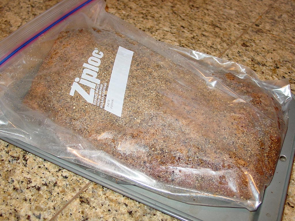 Cured brisket in 2-gallon Ziploc bag