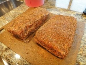 Pastrami rub applied to corned beef