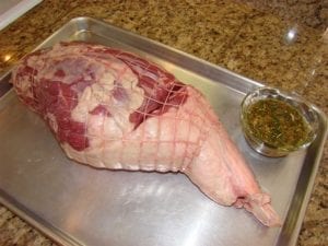 Semi-boneless leg of lamb before marinating
