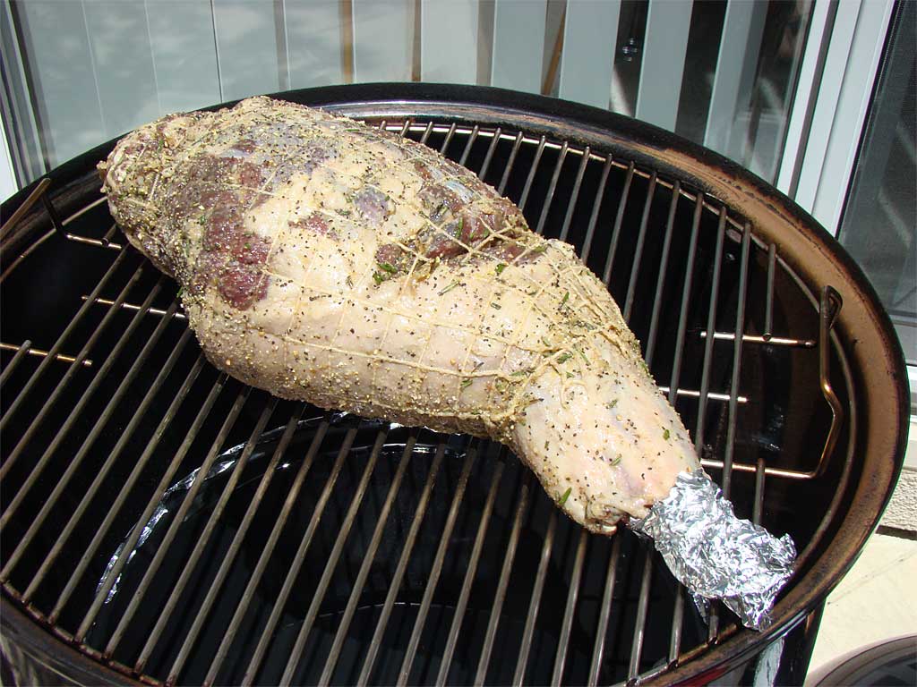 Leg of lamb goes onto the top grate of the WSM