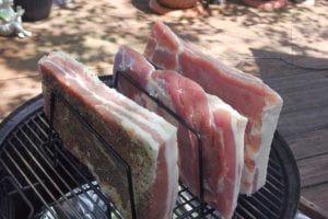 Three pieces of cured pork belly in a rib rack
