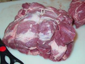 Close-up of trimmed, tied pork butt