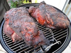 High-heat pork butts after 3 hours of cooking