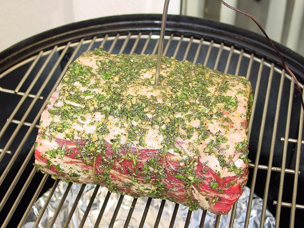 Herb crusted, USDA Prime, standing rib roast in the WSM
