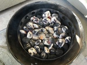 Hot coals spread over unlit charcoal