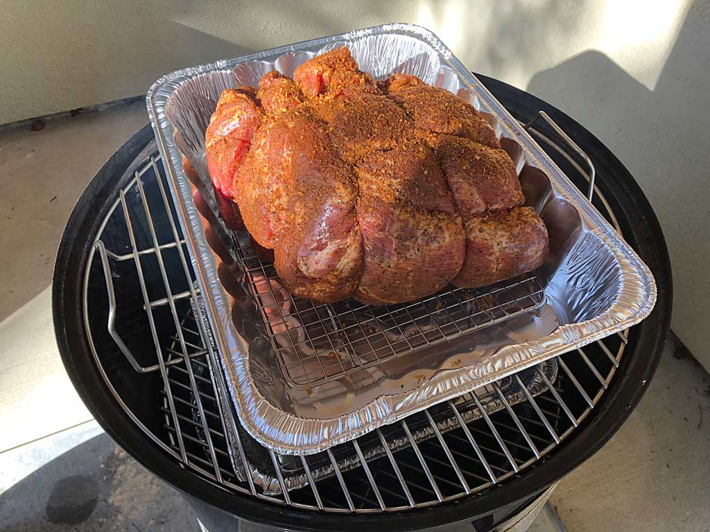 Larger pork butt on top cooking grate