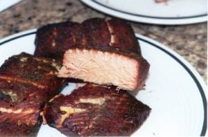 Interior view of smoked salmon fillets