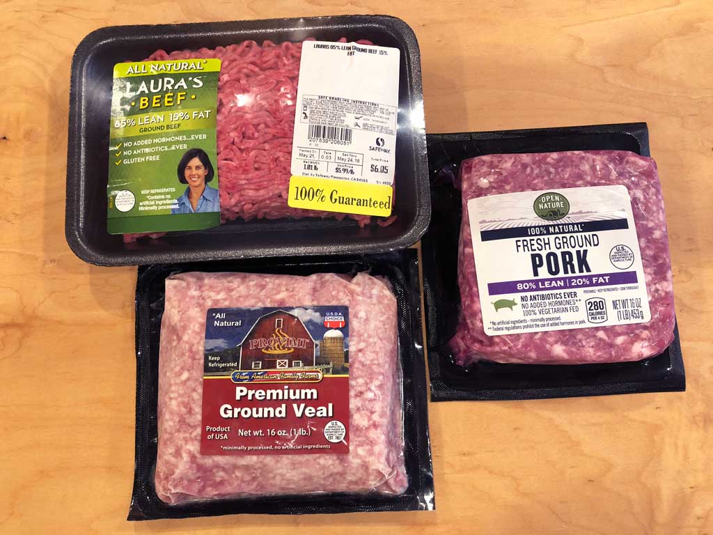 One pound packages of ground beef, ground pork, and ground veal
