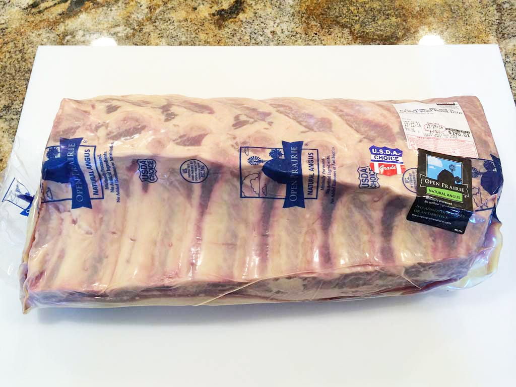 Whole, 7-bone standing rib roast in Cryovac packaging
