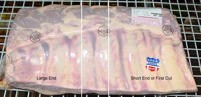 Whole, USDA Choice beef rib roast with large end and small end indicated