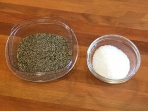 Two parts 16-mesh black pepper and 1 part Morton Kosher Salt