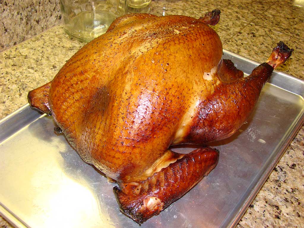 Honey-brined turkey after smoking for 3-1/2 hours