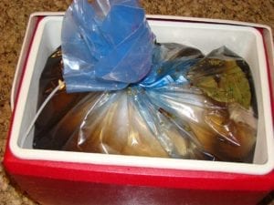 Turkey and brine in a Ziploc Big Bag XL inside a cooler