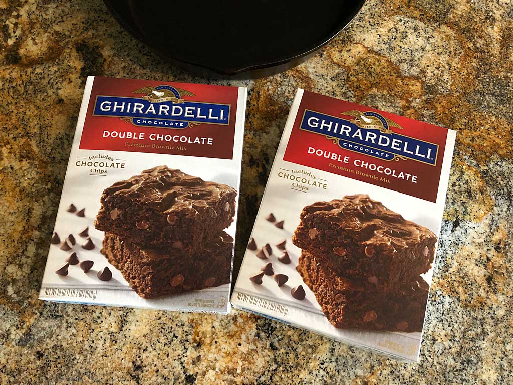 Two boxes of Ghirardelli Double Chocolate brownie mix