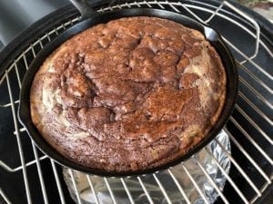 Baked brownies in cast iron skillet in WSM