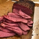 Pastrami sliced thin after a 2 hour rest