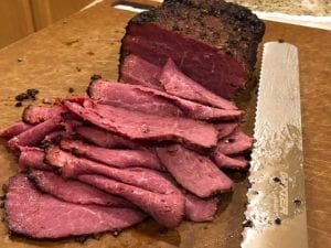 Pastrami sliced thin after a 2 hour rest