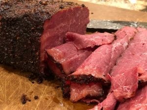Side view of thin sliced pastrami