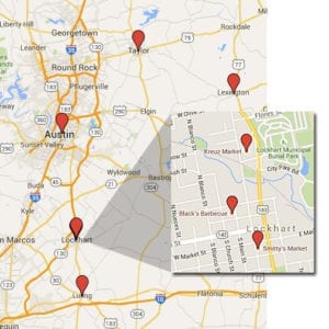 Google Map of TVWB Central Texas Barbecue Crawl locations