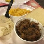 Chopped beef, mashed potatoes & gravy, and mac & cheese