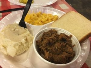 Chopped beef, mashed potatoes & gravy, and mac & cheese