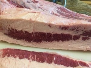 Discolored edge of brisket after trimming