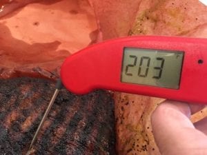 Thermapen shows internal meat temp of 203F