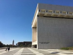 Walking toward the LBJ Presidential Library
