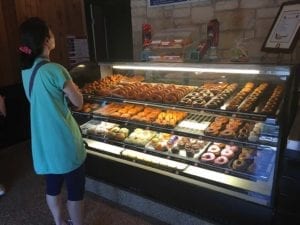 Display case of donuts