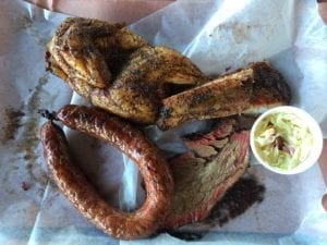 Brisket, sausage, sparerib and half chicken