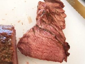 Sliced tri-tip, between medium-rare and medium doneness