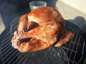 Brined turkey on WSM top cooking grate