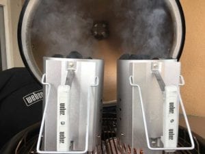 Two chimney starters of Kingsford Long-Lasting (left) & Weber hardwood
