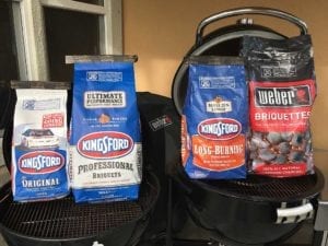From left to right: Kingsford Original, Kingsford Professional, Kingsford Long-Burning, Weber 100% All-Natural Hardwood
