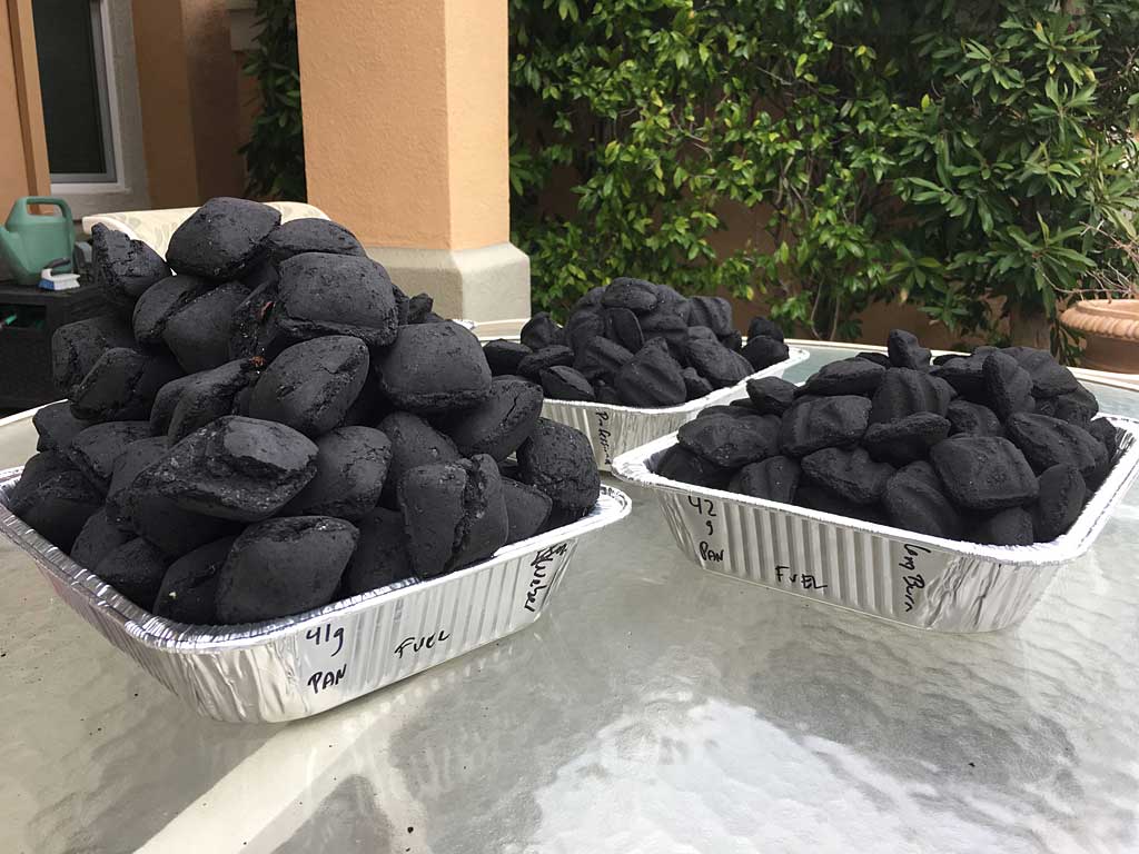 100 Weber briquettes (left) are so big vs. Kingsford briquets (right) they won't all fit into a Weber chimney starter, so the number of Weber briquettes was reduced to 56