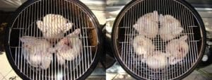 Beer can chickens on bottom grate, 18" left, 22" right