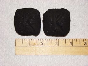 Front view of "blue bag" Kingsford (left) and new Competition Briquet (right)