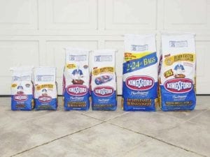 Old and new bags of Kingsford are the same physical size. From left to right: 5lb and 4.5lb, 10lb and 9lb, and 24lb and 21.6lb.