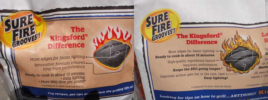 Marketing text on 2014 Kingsford (left) and 2015 Kingsford (right). 2015 bag indicates "high-quality ingredients" and "improved airflow" with the new formula. Note the fine lines depicting "improved airflow" on the 2015 briquet.